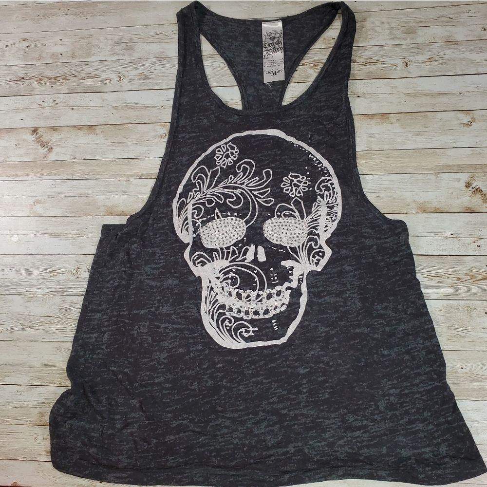 Crash & Burn Racerback‎ Embellished Crystals Skull, Gun & Rose Tank Top M
